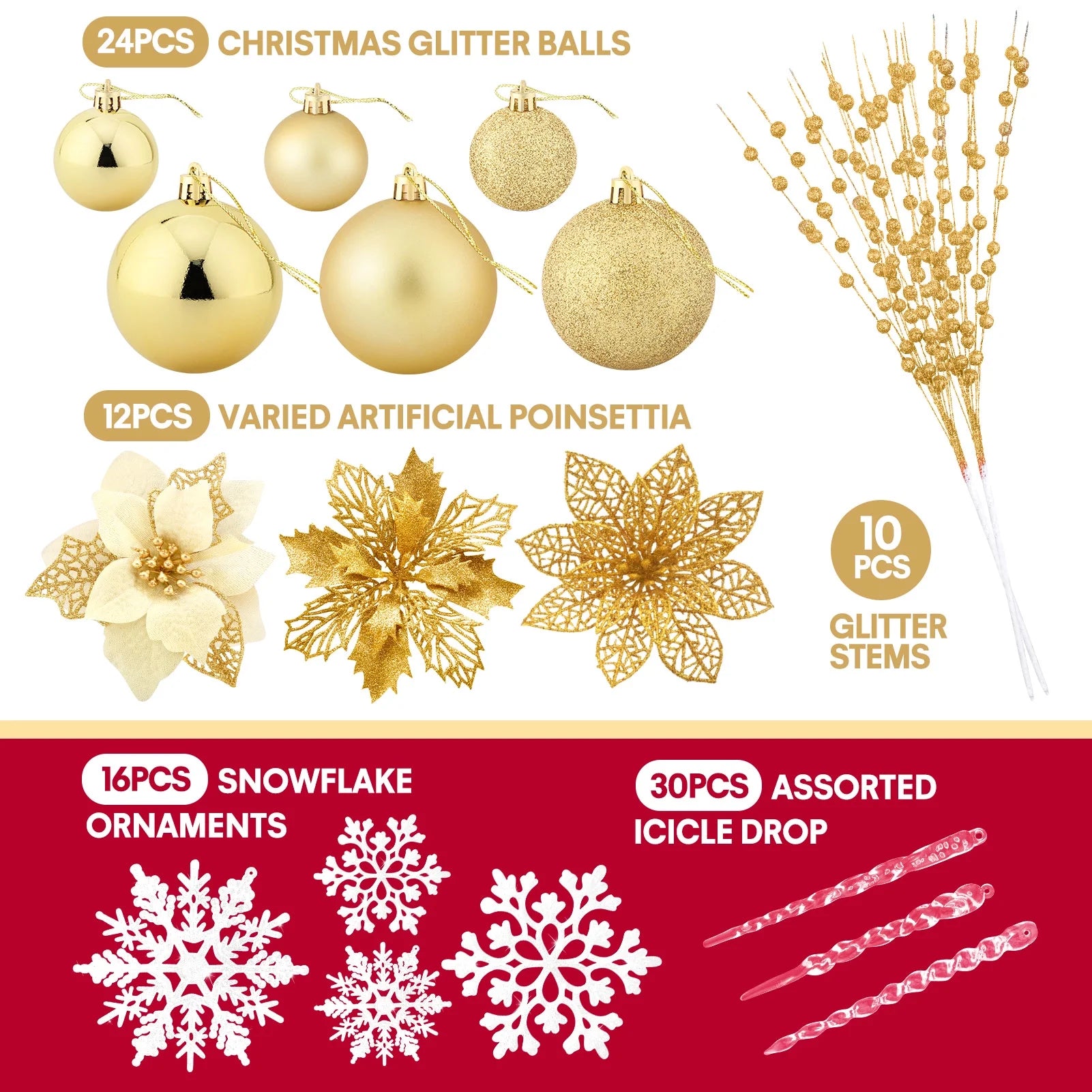 92Pcs Christmas Tree Ornaments Includes Poinsettia Christmas Flowers, Ball Ornaments, Artificial Glitter Berry Stems, Snowflake and Icicle Drop Crystal Ornaments | Gold