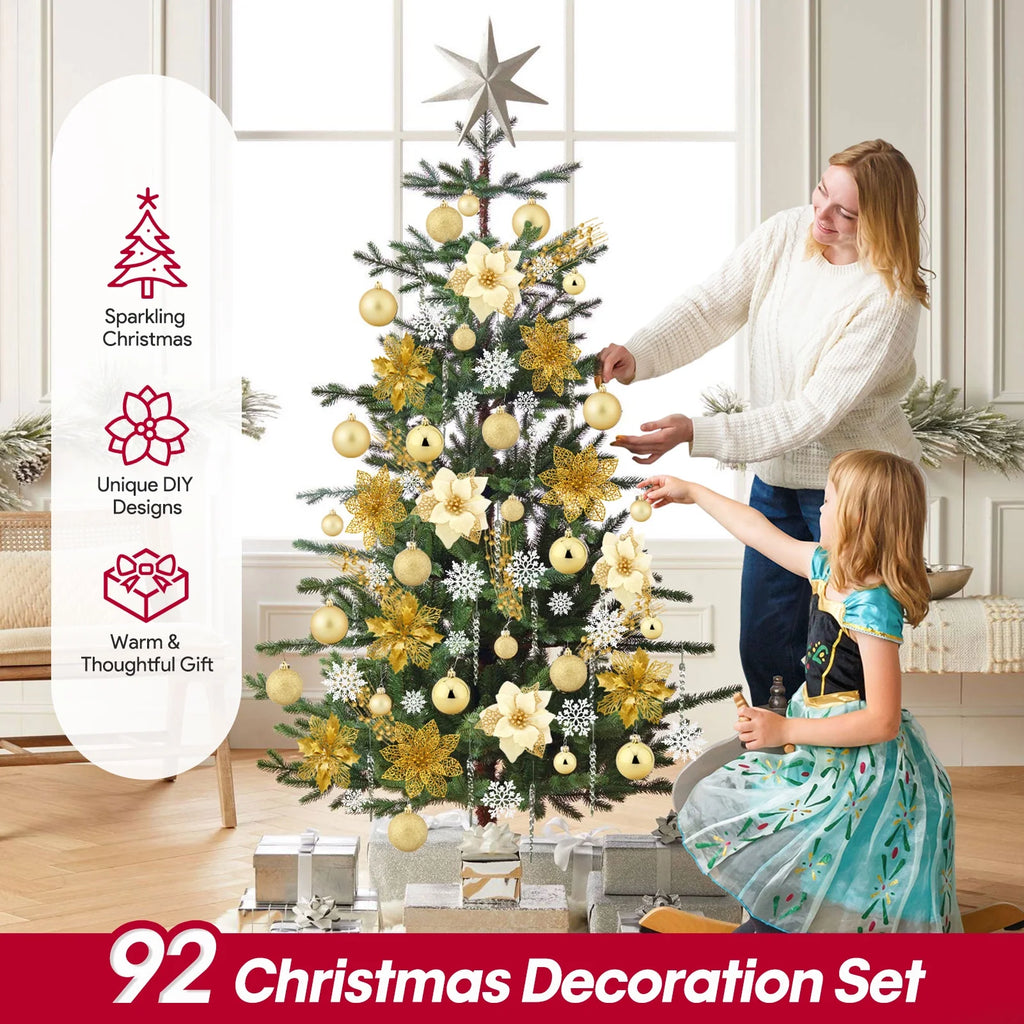 92Pcs Christmas Tree Ornaments Includes Poinsettia Christmas Flowers, Ball Ornaments, Artificial Glitter Berry Stems, Snowflake and Icicle Drop Crystal Ornaments | Gold