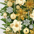 92Pcs Christmas Tree Ornaments Includes Poinsettia Christmas Flowers, Ball Ornaments, Artificial Glitter Berry Stems, Snowflake and Icicle Drop Crystal Ornaments | Gold