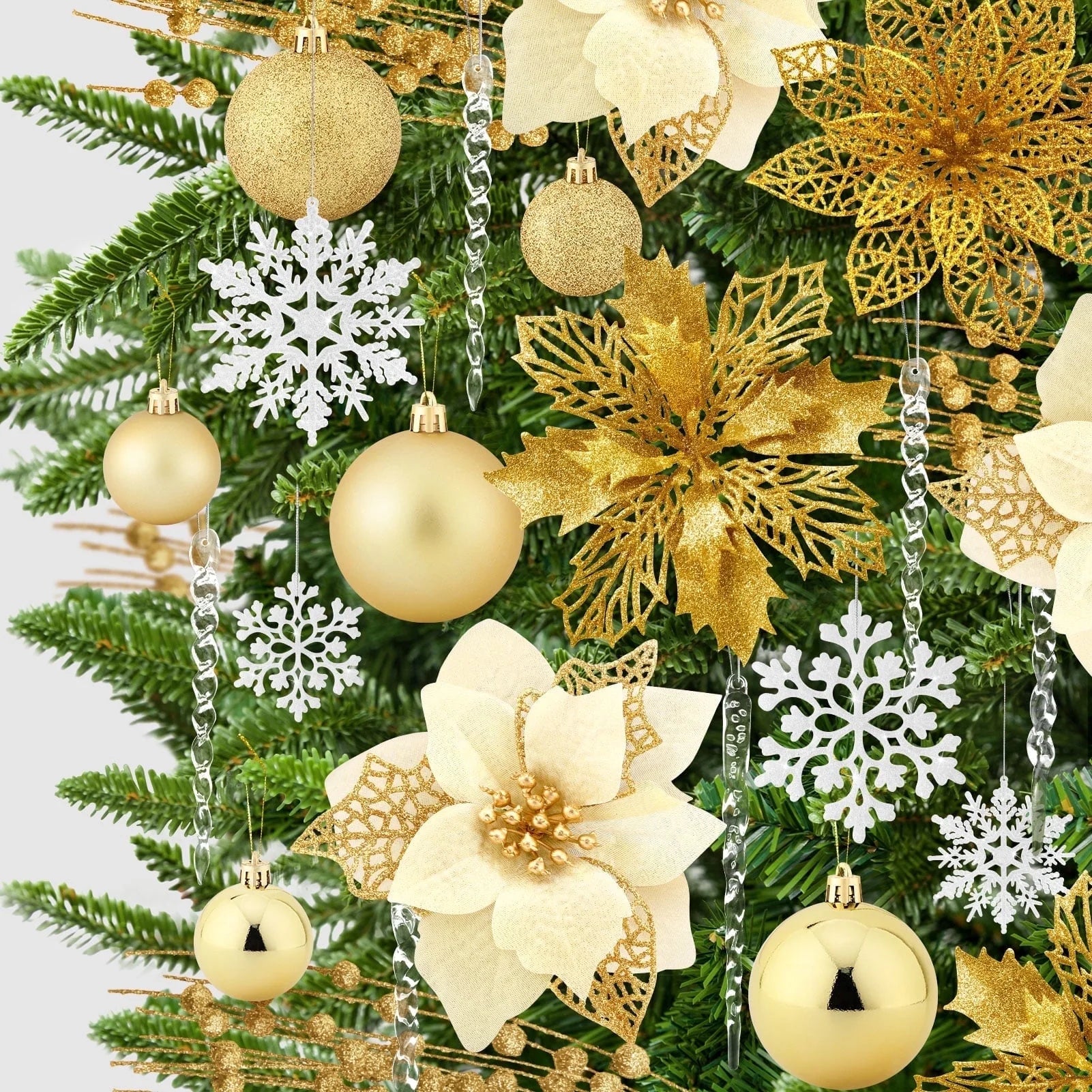 92Pcs Christmas Tree Ornaments Includes Poinsettia Christmas Flowers, Ball Ornaments, Artificial Glitter Berry Stems, Snowflake and Icicle Drop Crystal Ornaments | Gold