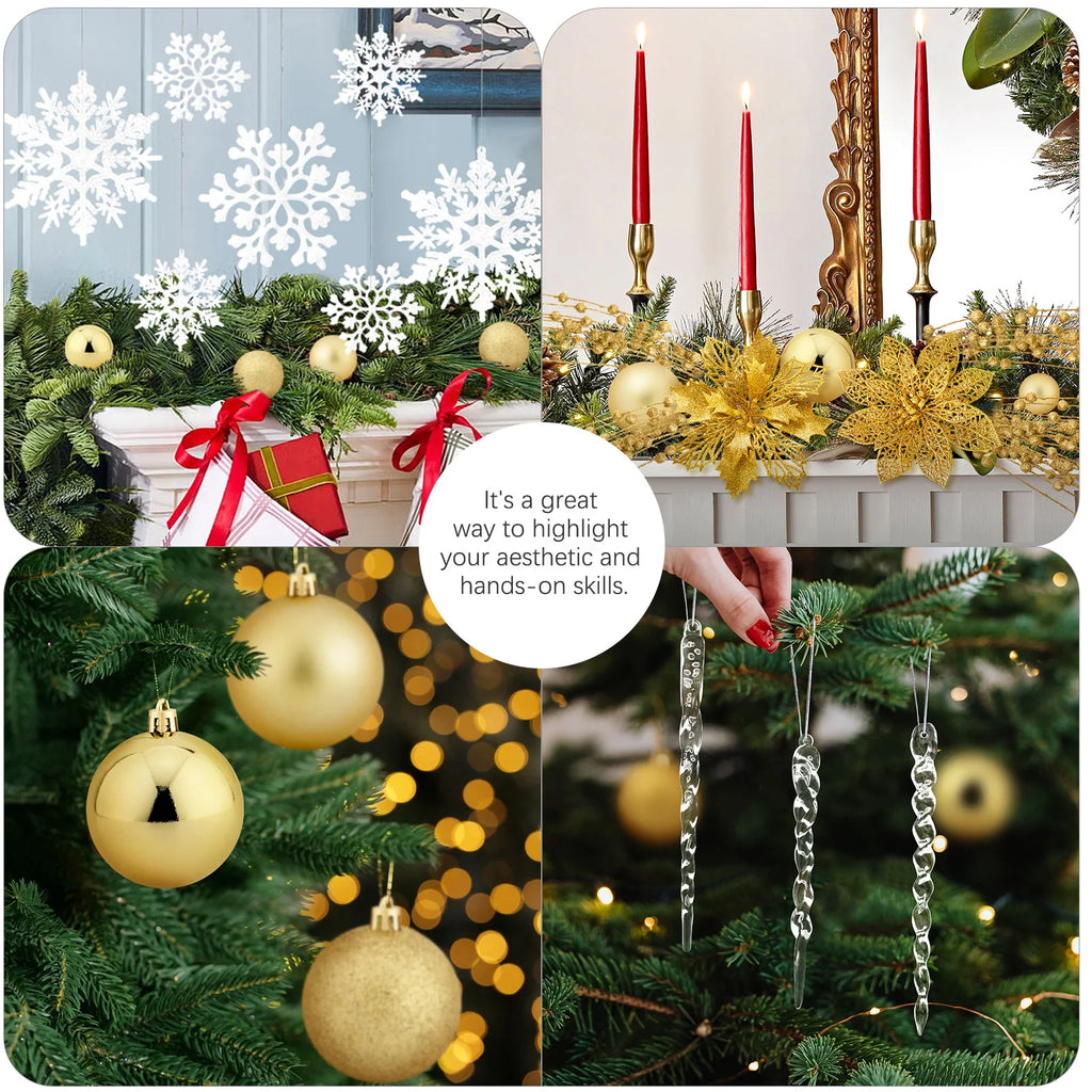 92Pcs Christmas Tree Ornaments Includes Poinsettia Christmas Flowers, Ball Ornaments, Artificial Glitter Berry Stems, Snowflake and Icicle Drop Crystal Ornaments | Gold