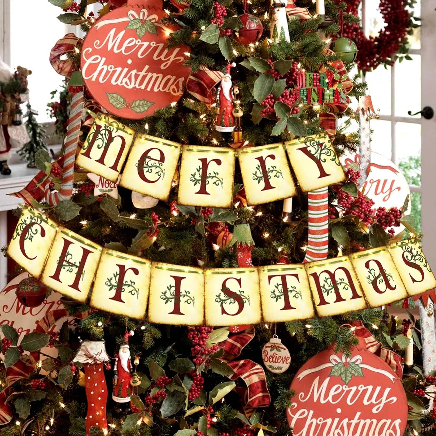 Christmas Decorations Indoor, Merry Christmas Banner, Christmas Hanging Banner for Vintage Christmas Decor