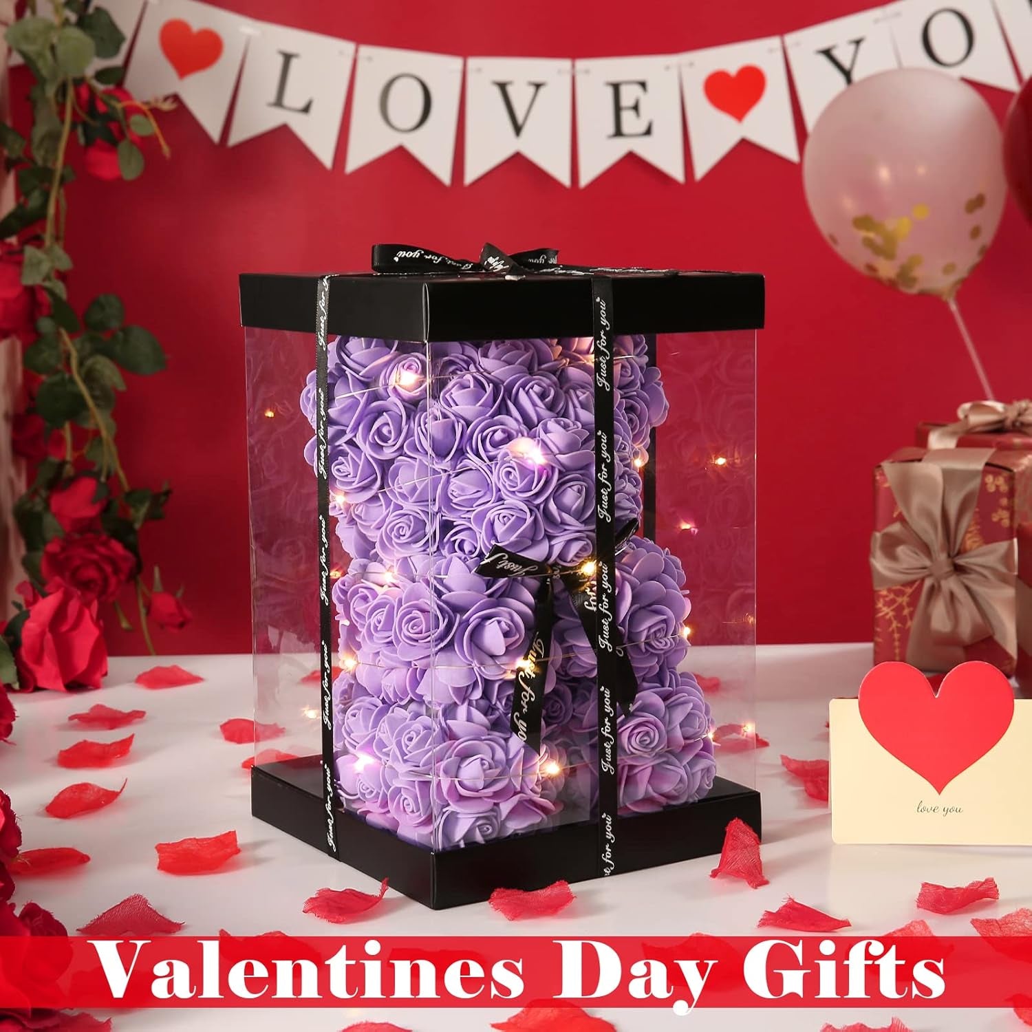 Purple Rose Bear Gifts for Valentines Day, Flower Bear Rose Teddy Bear with Box Lights Necklace Balloon Card, Cute Romantic I Love You Mothers Day Anniversary Birthday Gifts & Decorations