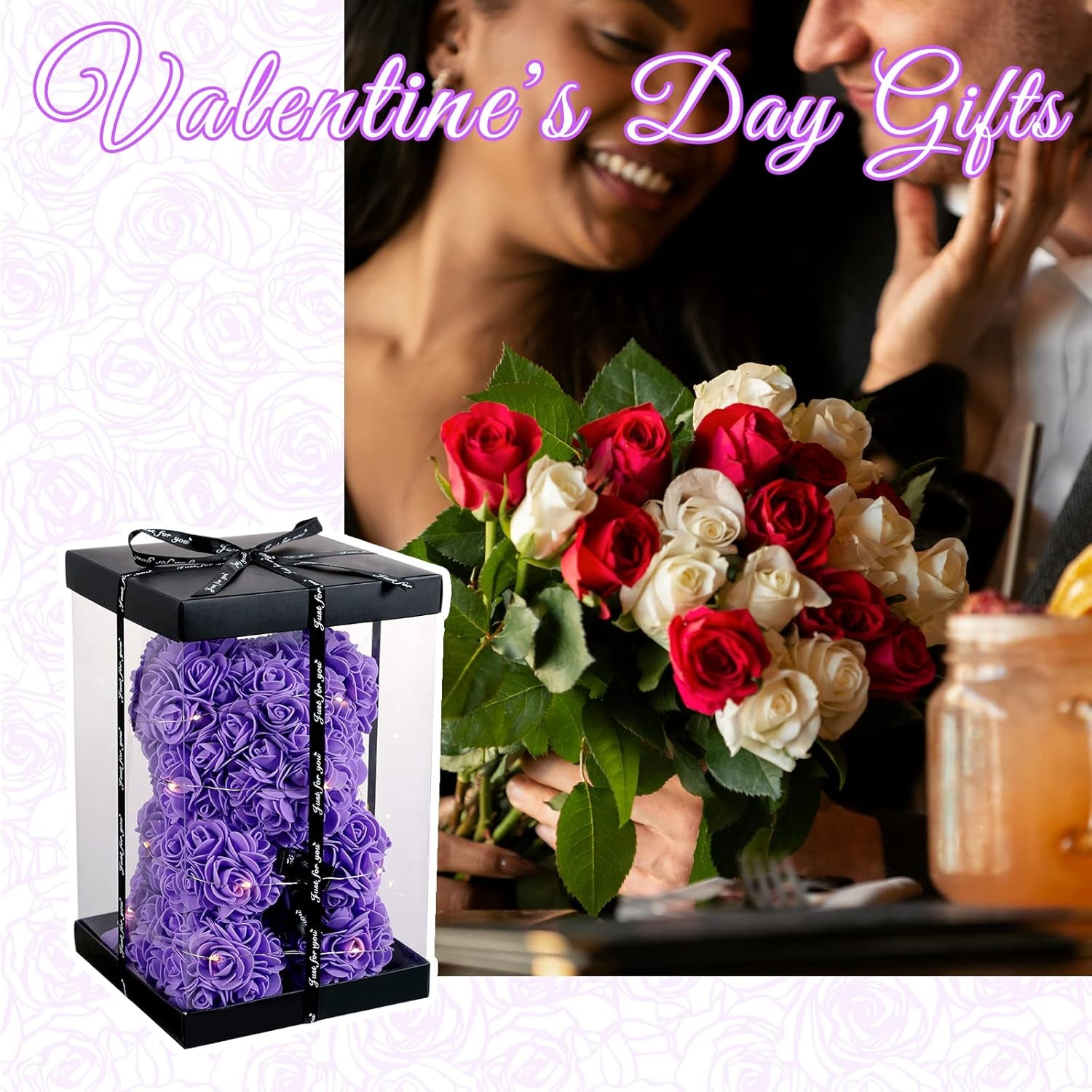 Purple Rose Bear Gifts for Valentines Day, Flower Bear Rose Teddy Bear with Box Lights Necklace Balloon Card, Cute Romantic I Love You Mothers Day Anniversary Birthday Gifts & Decorations