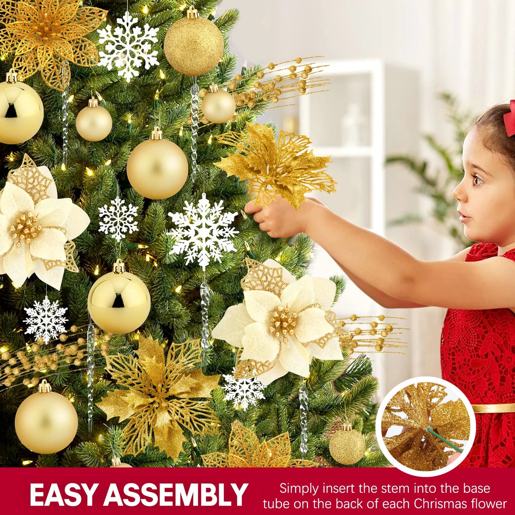 92Pcs Christmas Tree Ornaments Includes Poinsettia Christmas Flowers, Ball Ornaments, Artificial Glitter Berry Stems, Snowflake and Icicle Drop Crystal Ornaments | Gold