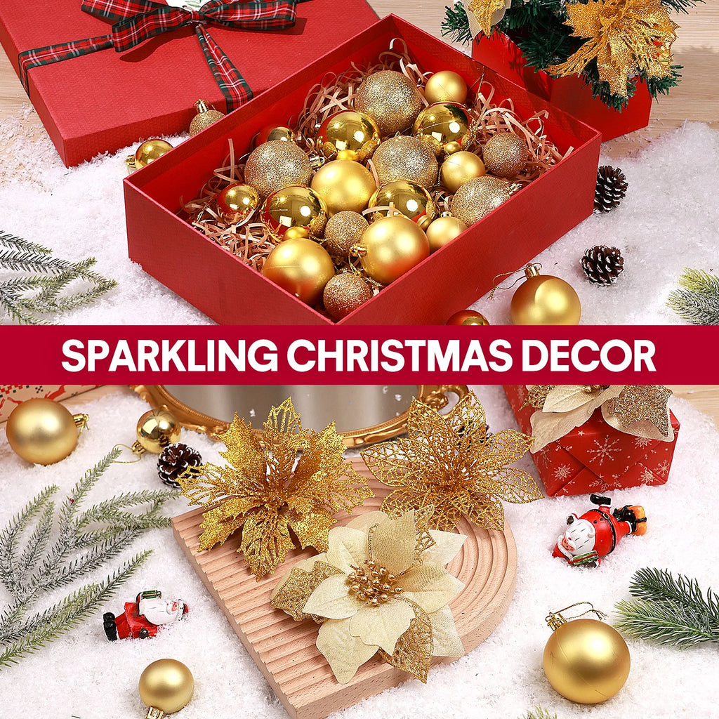 92Pcs Christmas Tree Ornaments Includes Poinsettia Christmas Flowers, Ball Ornaments, Artificial Glitter Berry Stems, Snowflake and Icicle Drop Crystal Ornaments | Gold