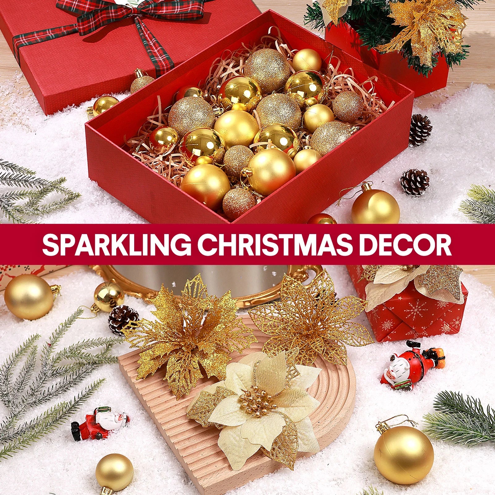 92Pcs Christmas Tree Ornaments Includes Poinsettia Christmas Flowers, Ball Ornaments, Artificial Glitter Berry Stems, Snowflake and Icicle Drop Crystal Ornaments | Gold